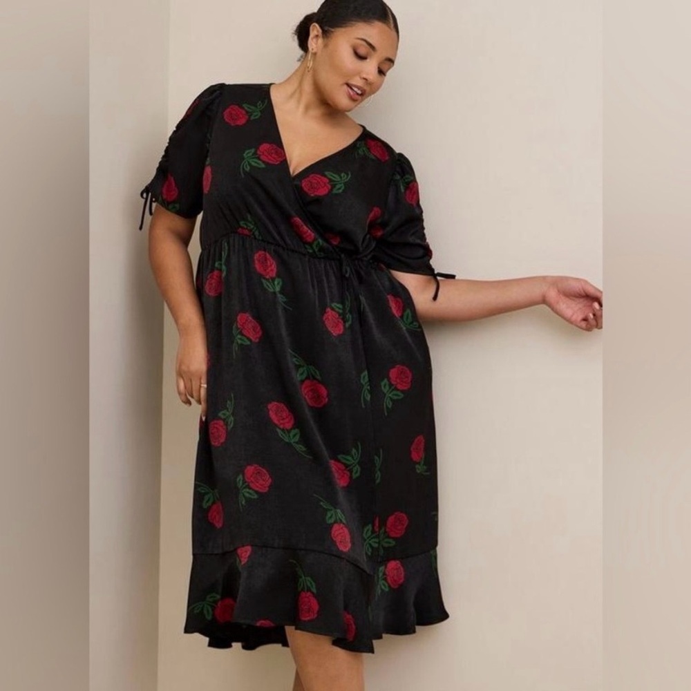 Torrid Rose Floral Midi Brushed Charmeuse Wrap Dress - Picture 3 of 15